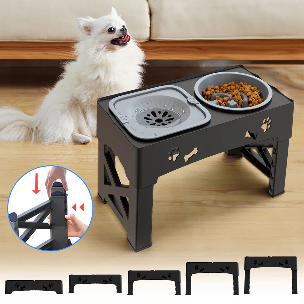 Pet feeding station with two bowls on a wooden floor, accompanied by a small white dog.