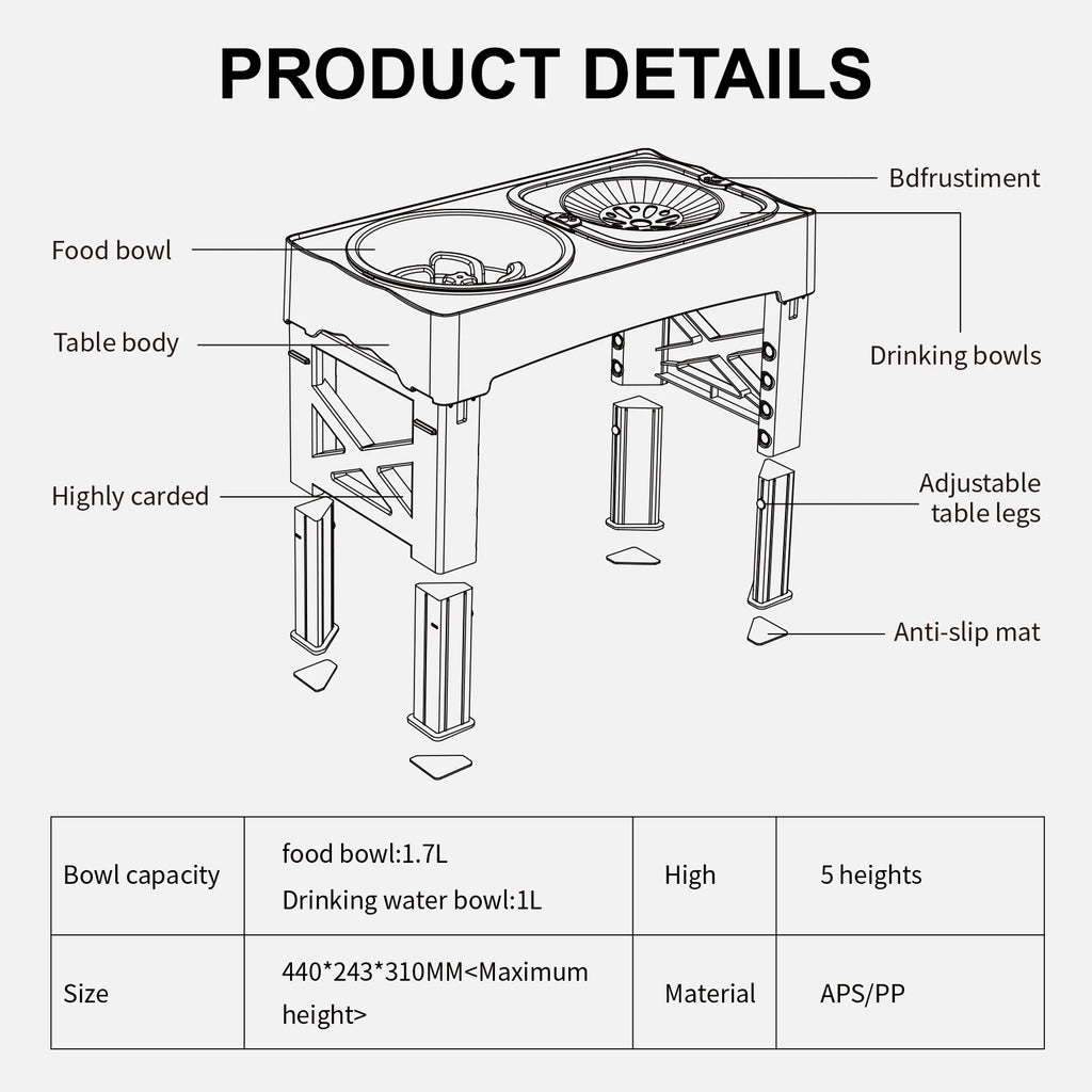 Diagram of a pet feeding station with labeled parts and specifications.