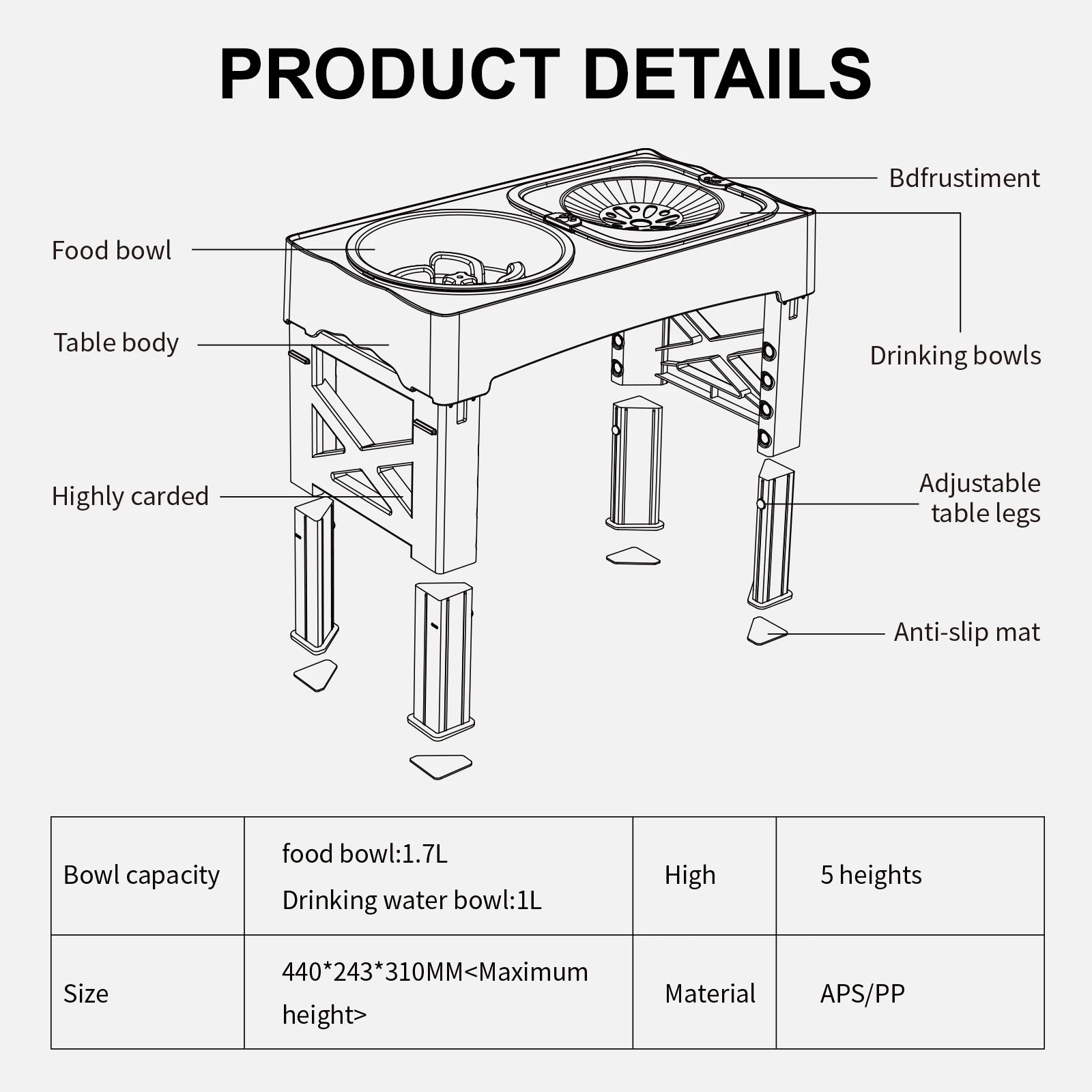 Diagram of a pet feeding station with labeled parts and specifications.