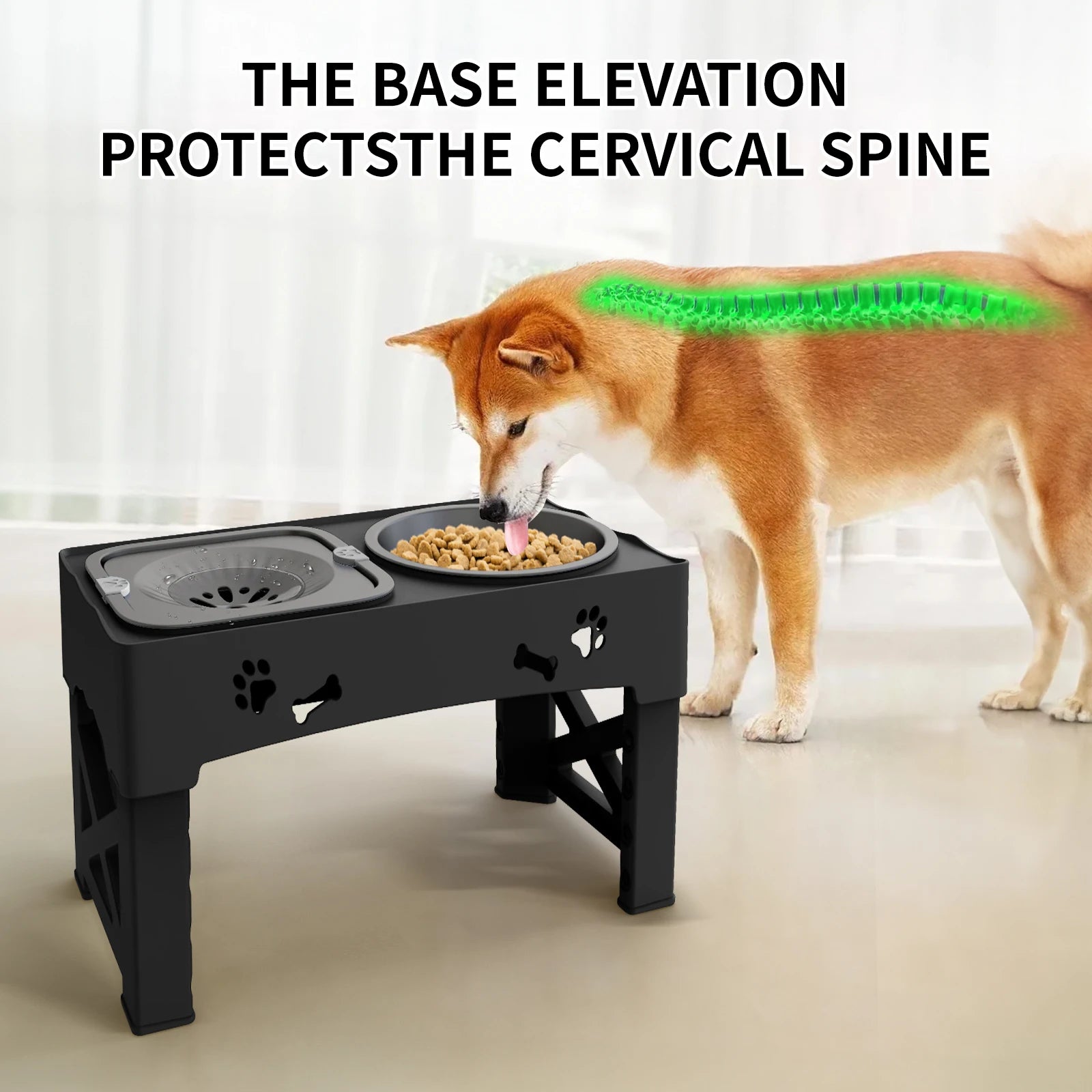 Dog eating from a elevated pet feeder with text about cervical spine protection.