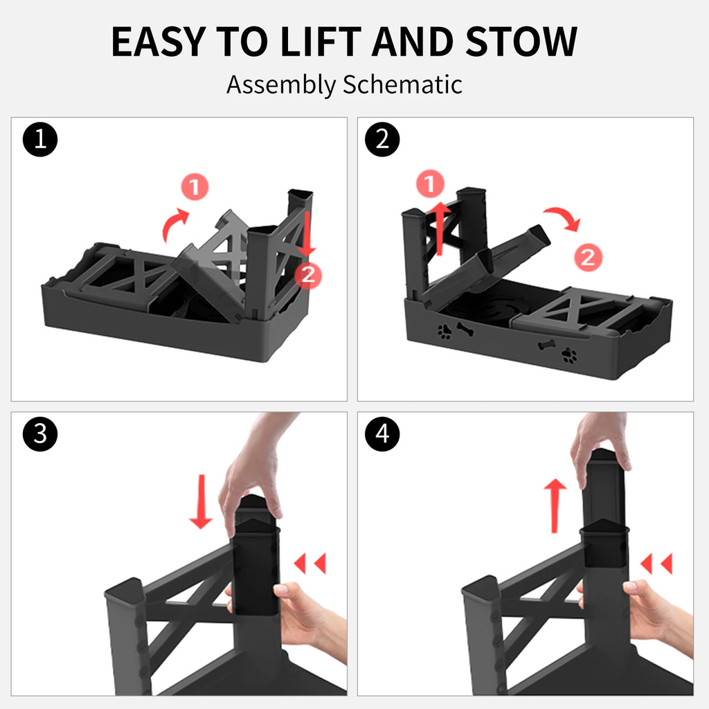 Step-by-step assembly diagram for a black adjustable stand with text 'Easy to Lift and Stow'.