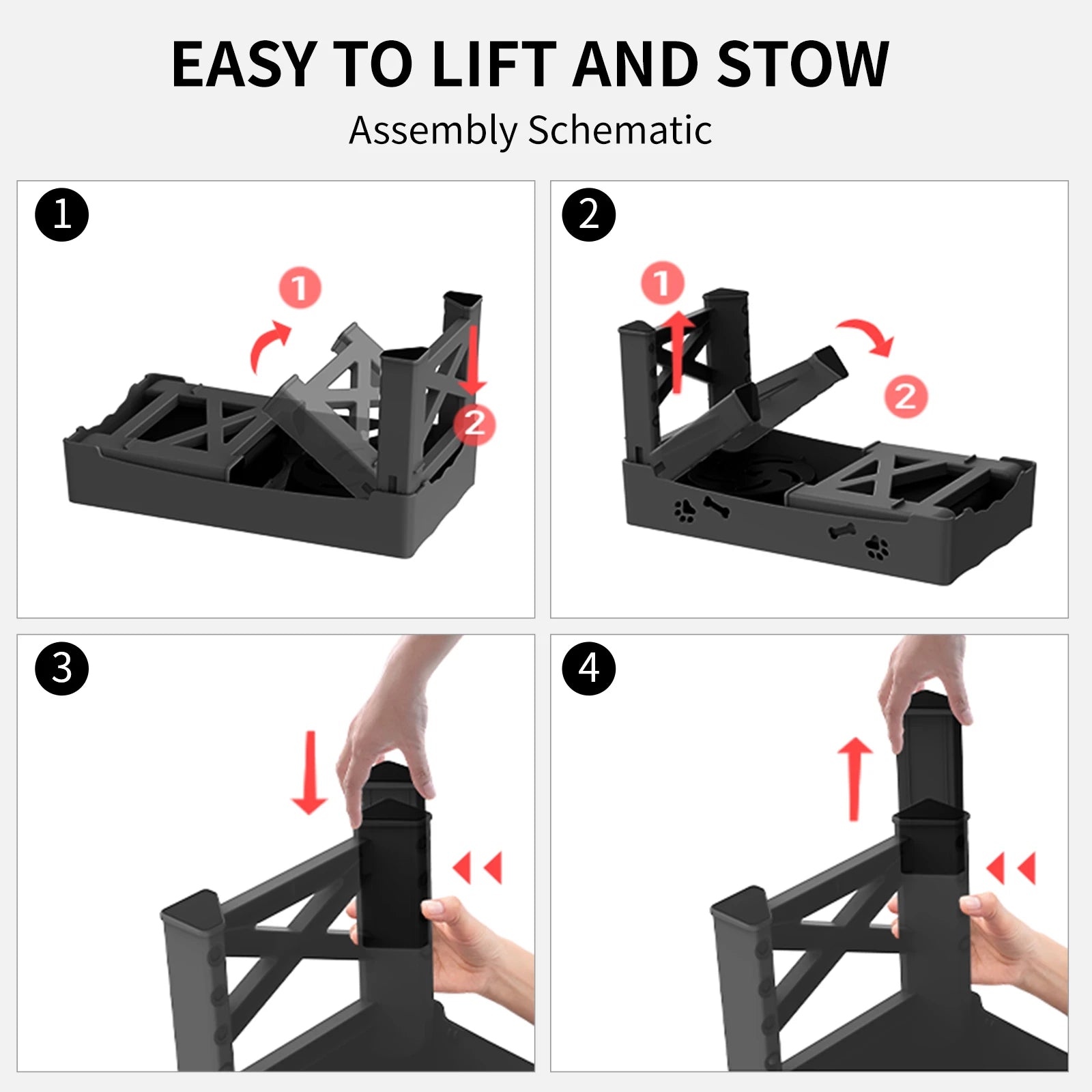 Step-by-step assembly diagram for a black adjustable stand with text 'Easy to Lift and Stow'.