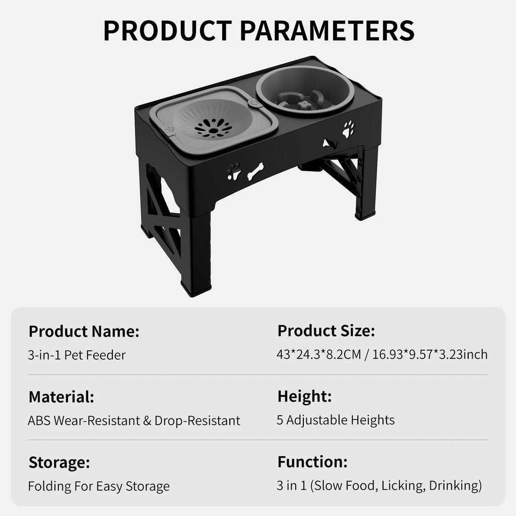 3-in-1 pet feeder with product parameters on a white background