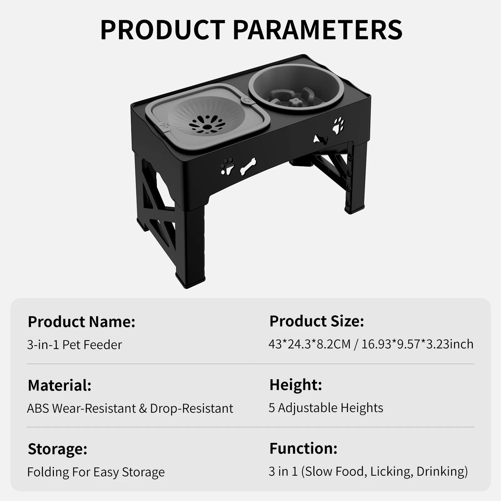 3-in-1 pet feeder with product parameters on a white background