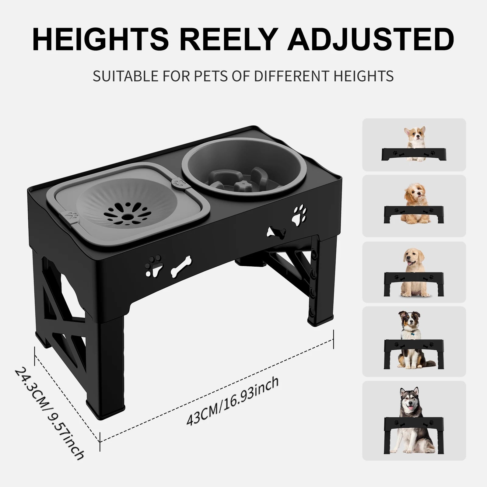 Black elevated pet feeder with adjustable height, suitable for pets of different sizes, shown with measurements and images of dogs on the feeder.
