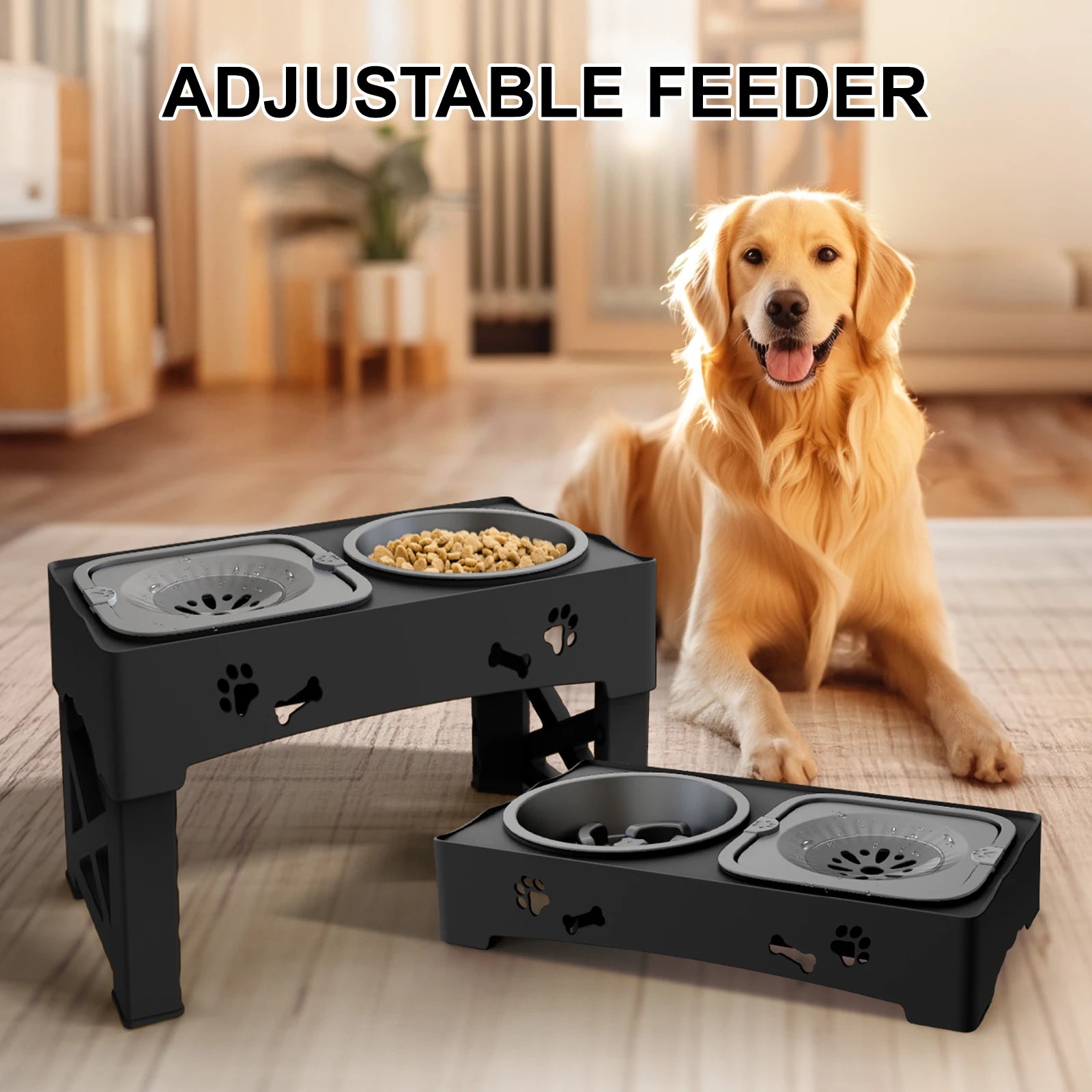 Dog sitting next to an adjustable pet feeder with two bowls in a home setting.