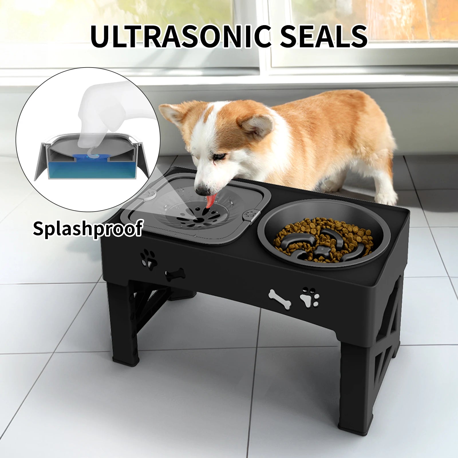 Dog eating from a black elevated pet feeder with ultrasonic seals and splashproof design.