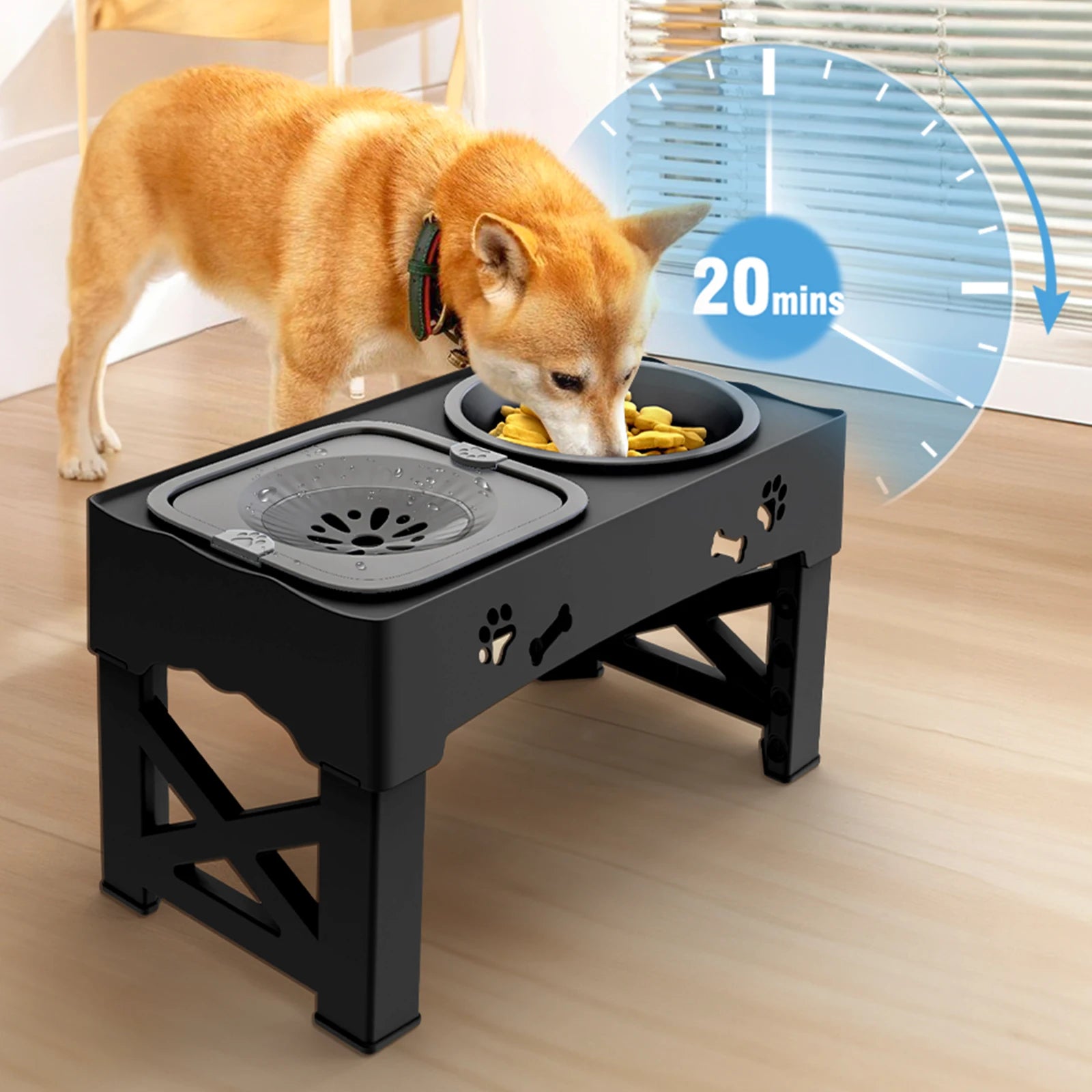 Dog eating from a elevated pet feeder with a timer graphic on a wooden floor.