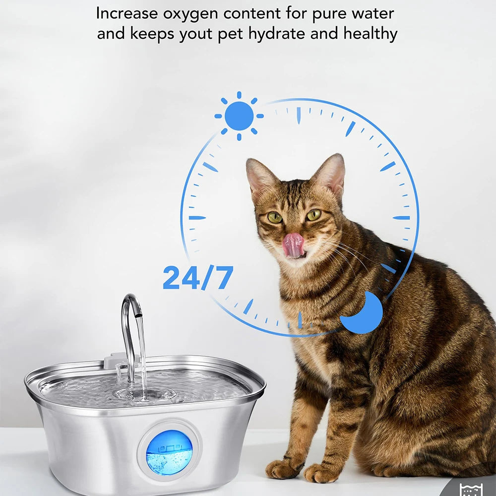 Cat drinking from a pet water fountain with text about increasing oxygen content for pure water.