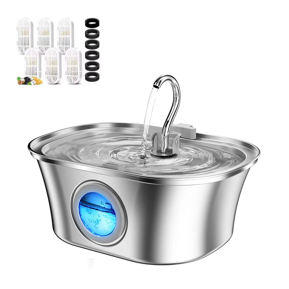 Stainless steel pet water fountain with digital display and additional parts on a white background