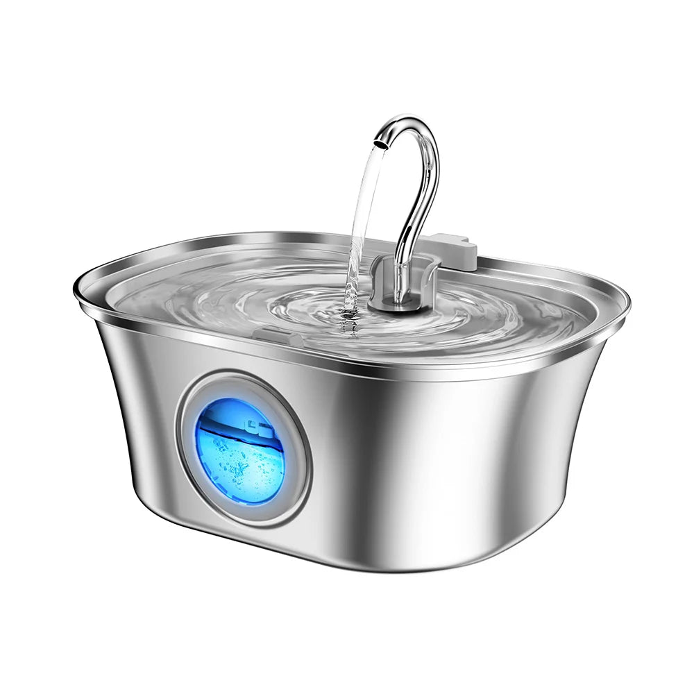 Stainless steel pet water fountain on a white background