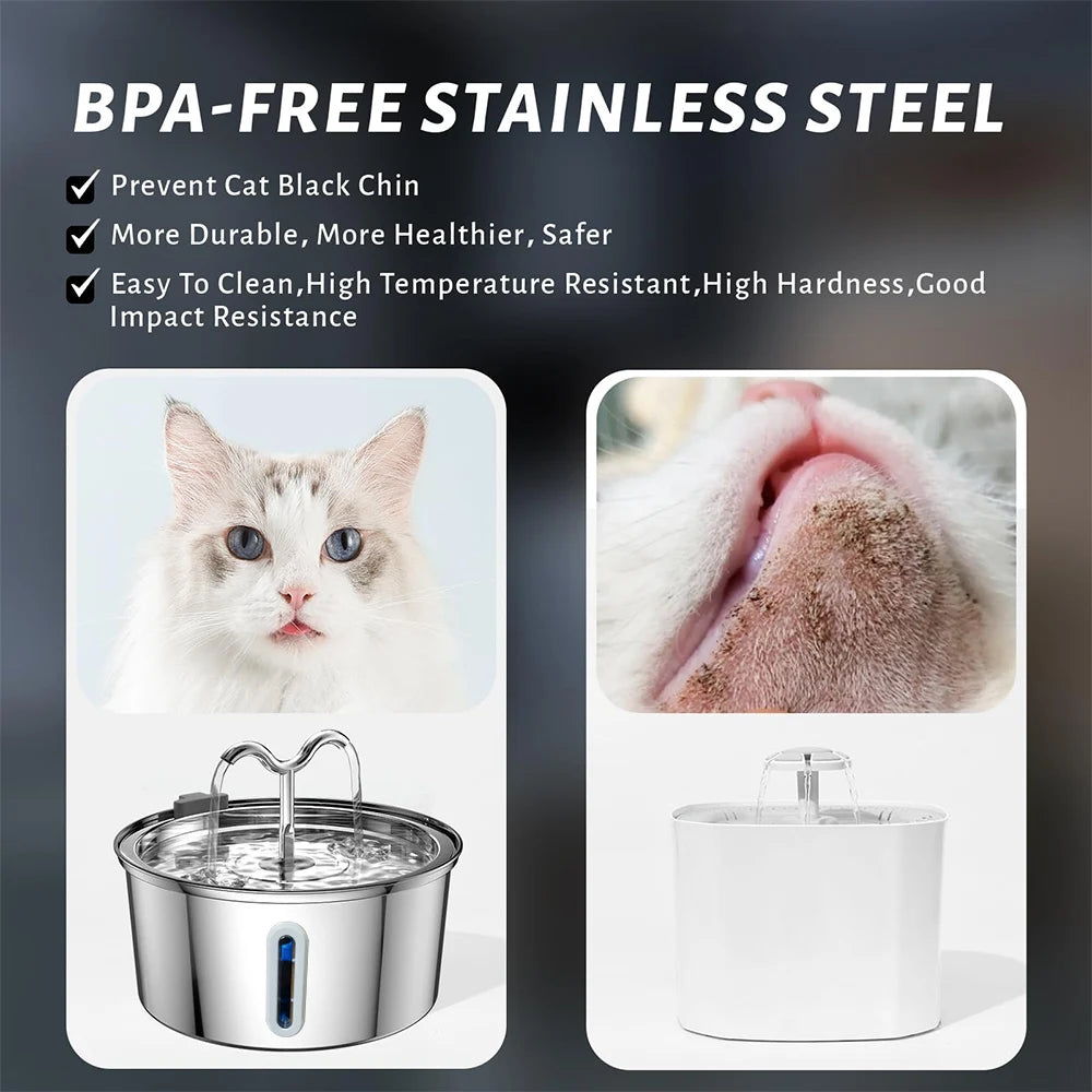 Stainless steel cat water fountain with BPA-free feature, showing a cat and close-up of chin.