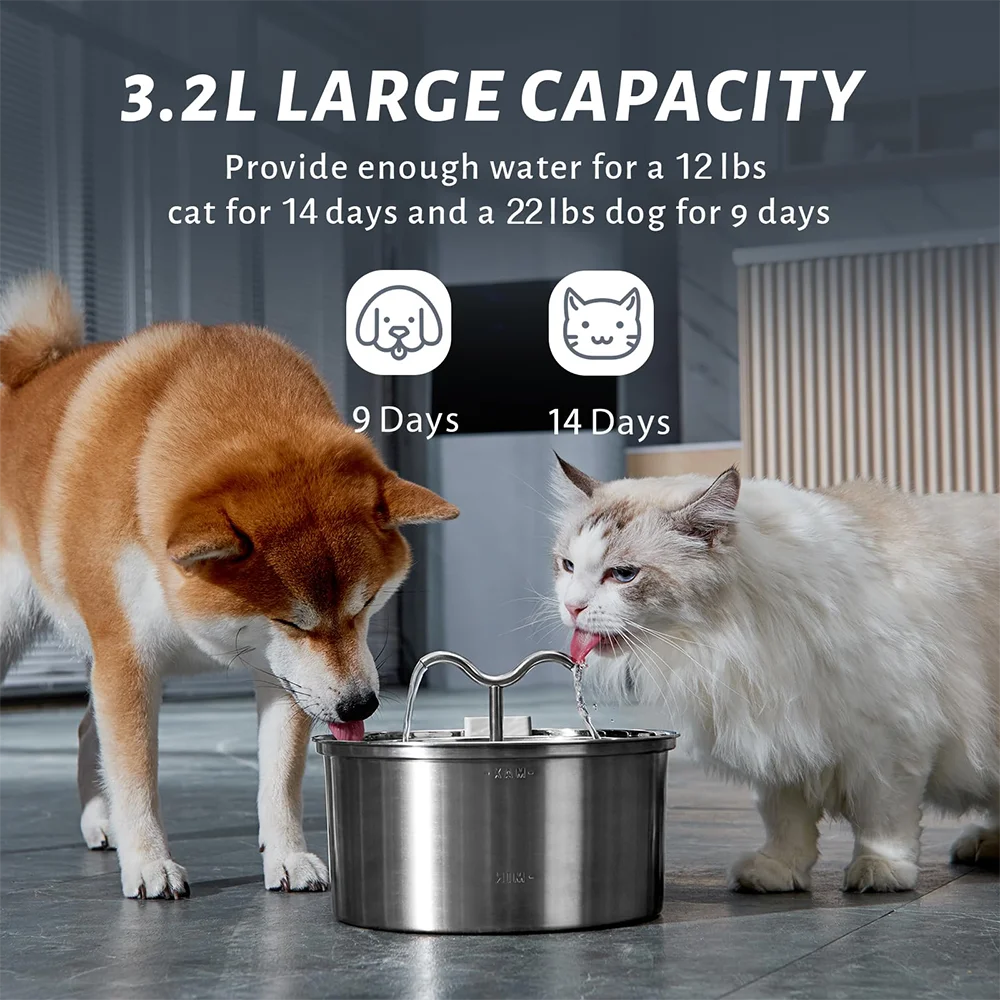 Dog and cat drinking from a large capacity water bowl with text on capacity and usage.