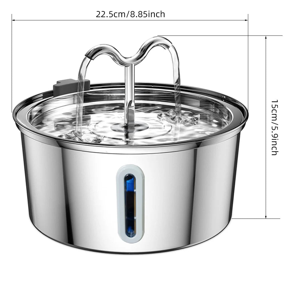 Stainless steel pet water fountain with dimensions displayed