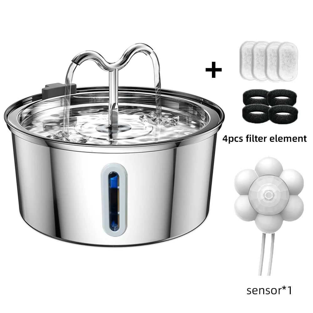 Stainless steel pet water fountain with additional filters and sensor on a white background