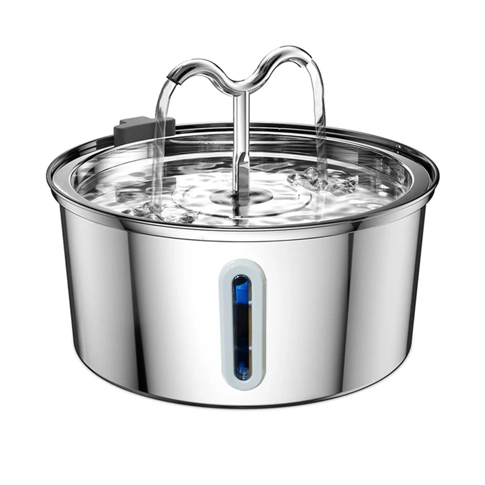 Stainless steel pet water fountain on a white background