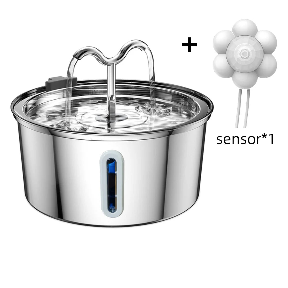 Stainless steel pet water fountain with a sensor on a white background