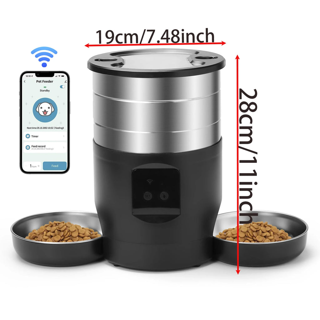 Smart pet feeder with app interface, dimensions, and bowls of food on a white background
