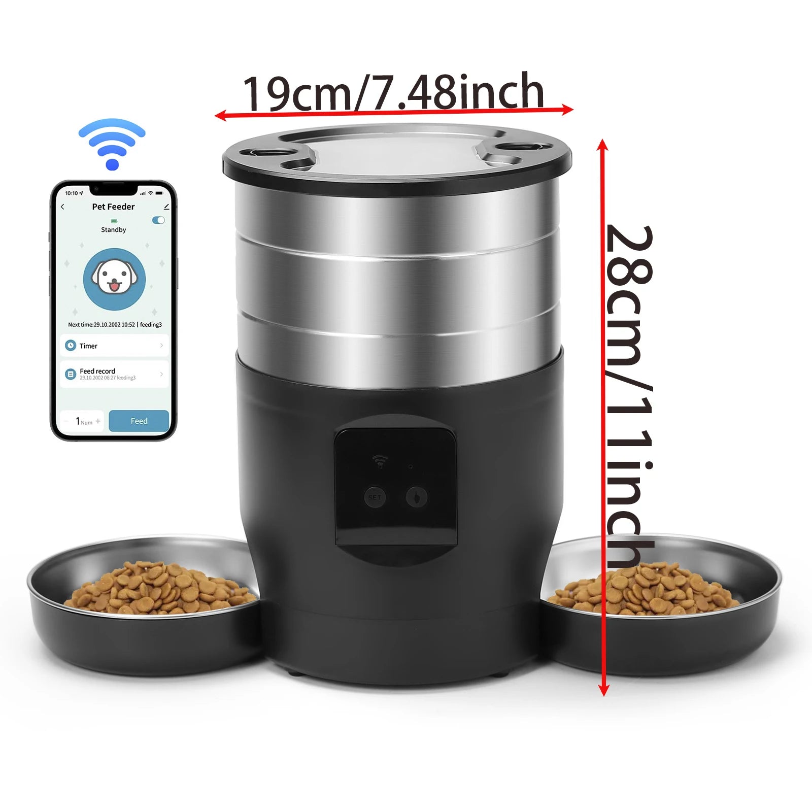 Smart pet feeder with app interface, dimensions, and bowls of food on a white background
