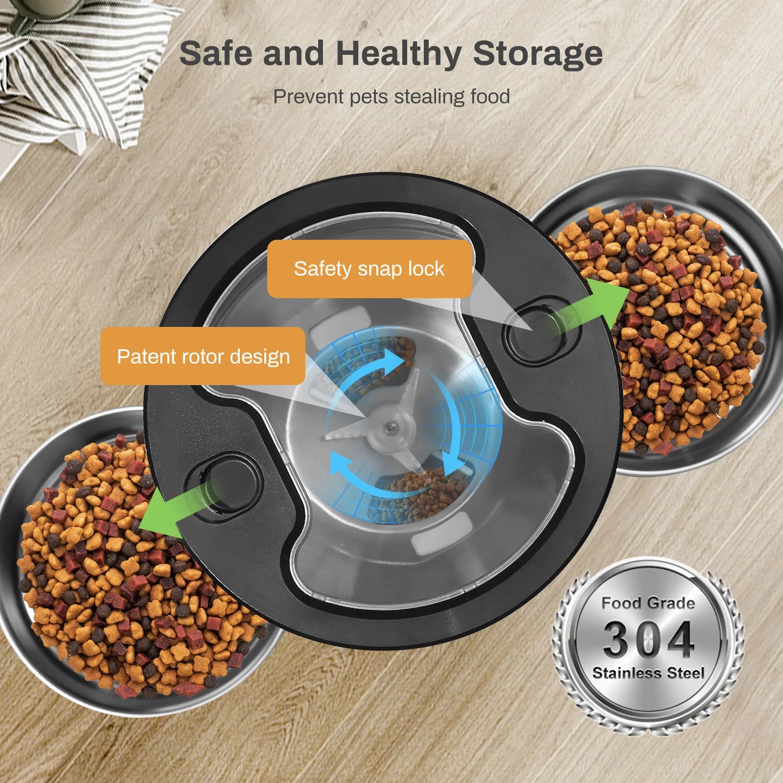 Pet food storage container with safety snap lock and patent rotor design on a wooden surface.