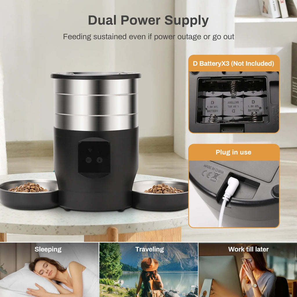 Pet feeder with dual power supply feature, shown in use, and usage scenarios.