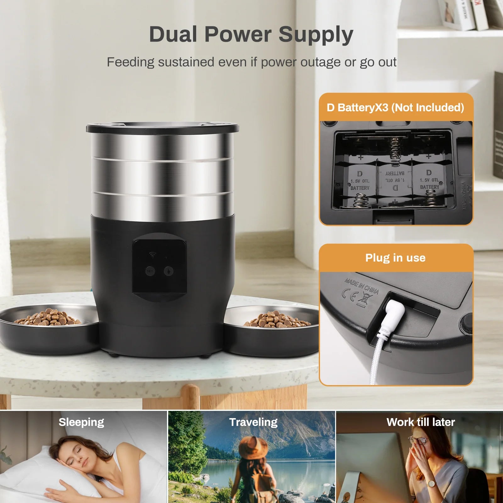Pet feeder with dual power supply feature, shown in use, and usage scenarios.