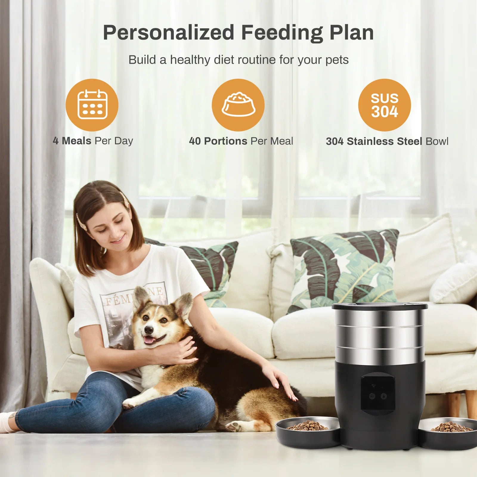 Woman sitting on a couch with a dog, next to a pet food dispenser, with text about a personalized feeding plan.