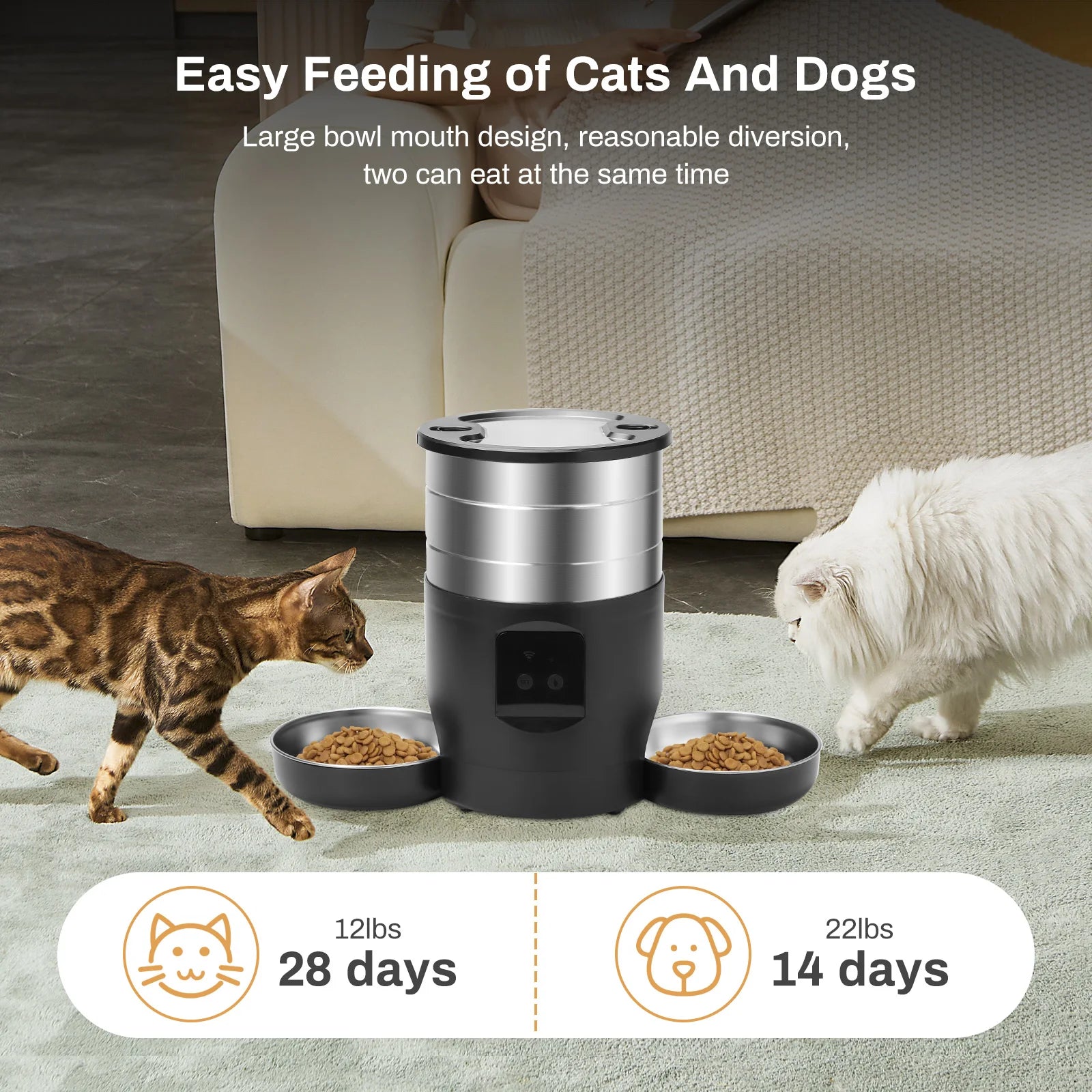 Pet food dispenser with two cats eating from bowls on a carpeted floor.