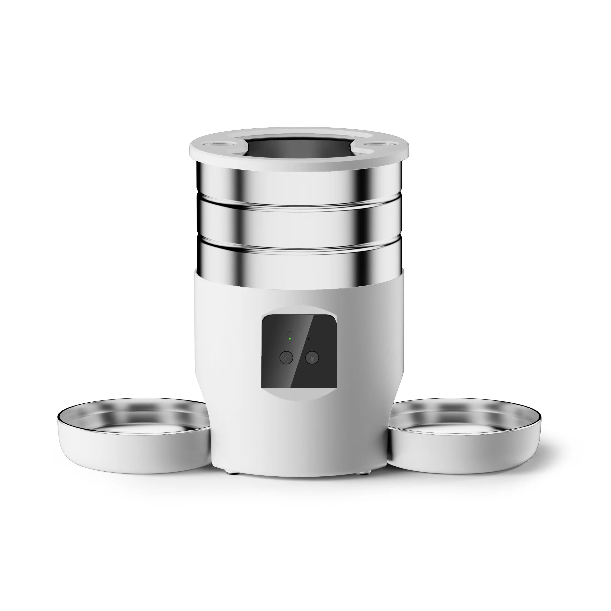White and silver container with a lid on a white background
