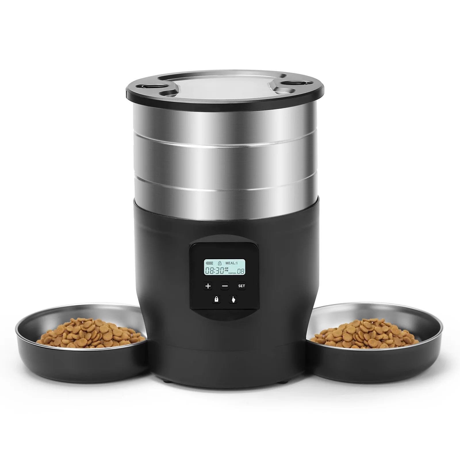 Black and silver pet food dispenser with digital display on a white background