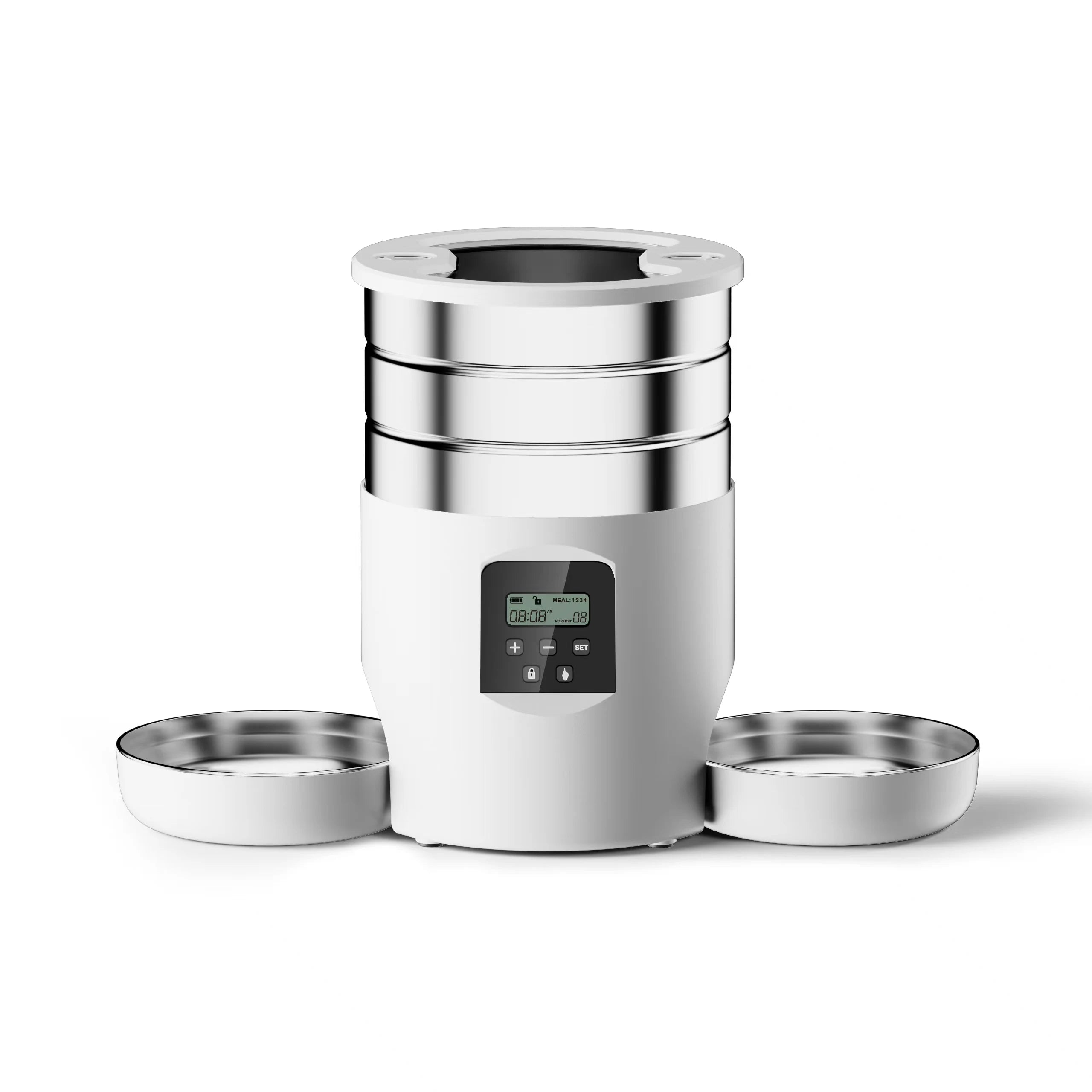 Silver cylindrical container with digital display and two additional silver containers on a white background