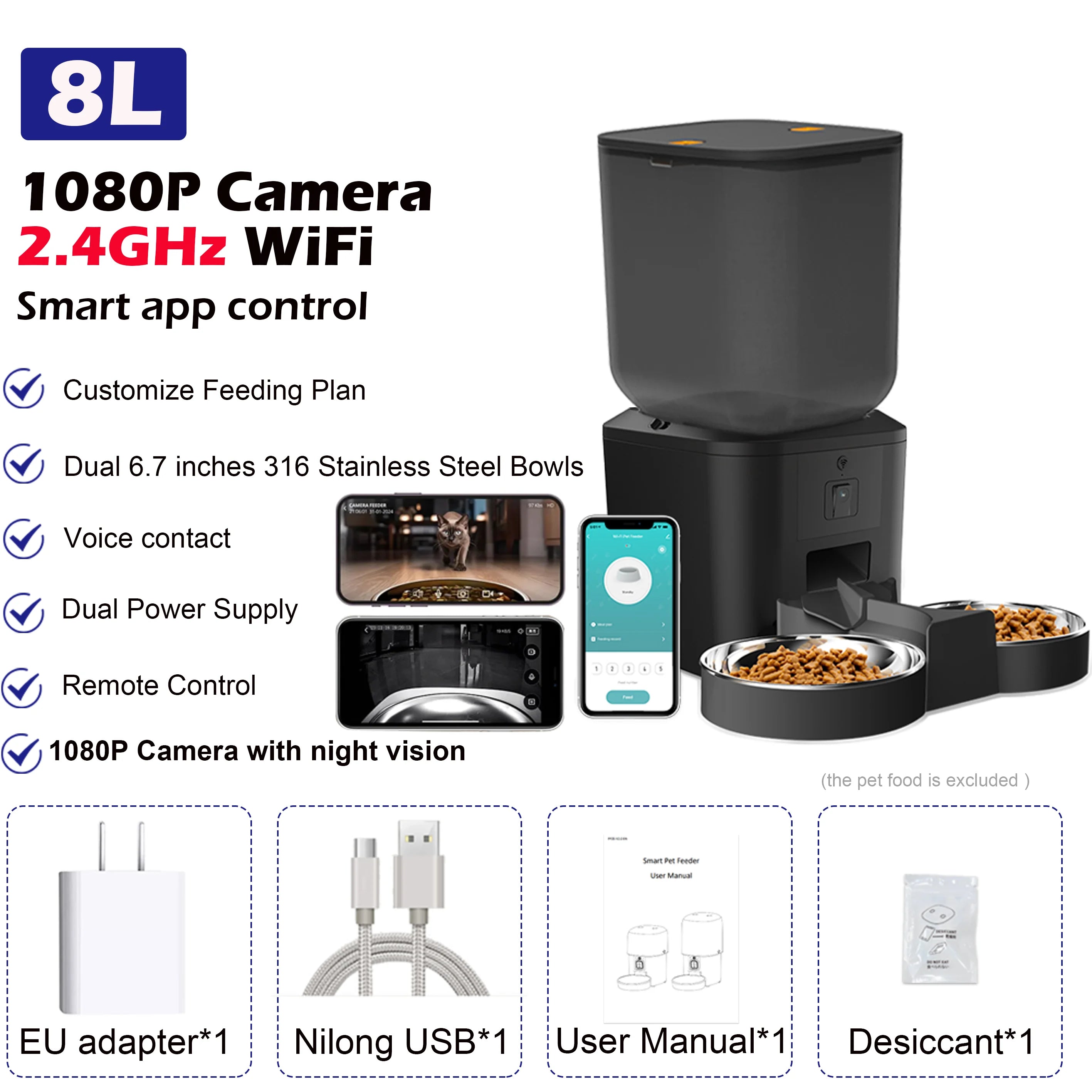 Smart pet feeder with 1080P camera, 2.4GHz WiFi, and app control features on a white background.