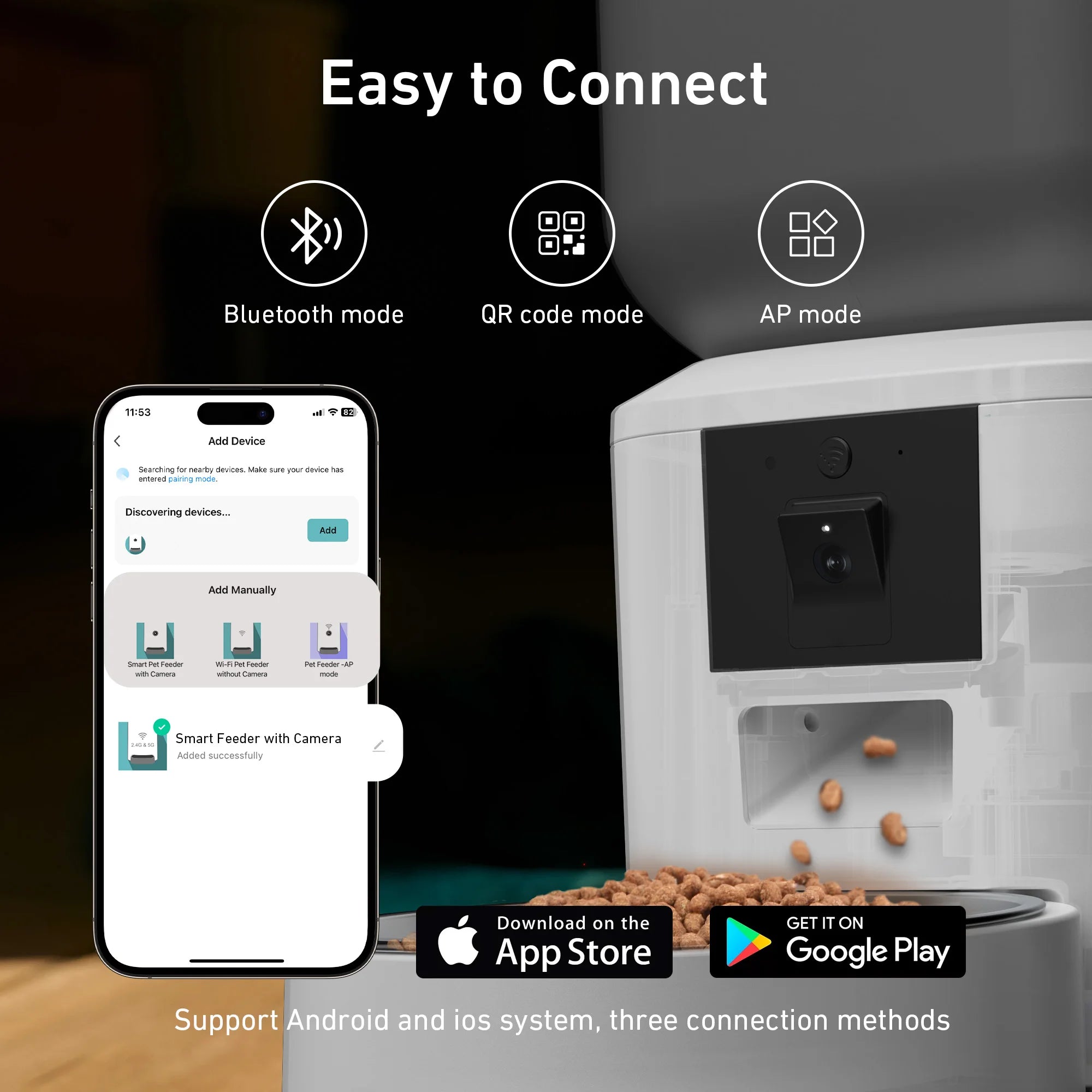 Smart pet feeder with app interface and connection modes on a dark background