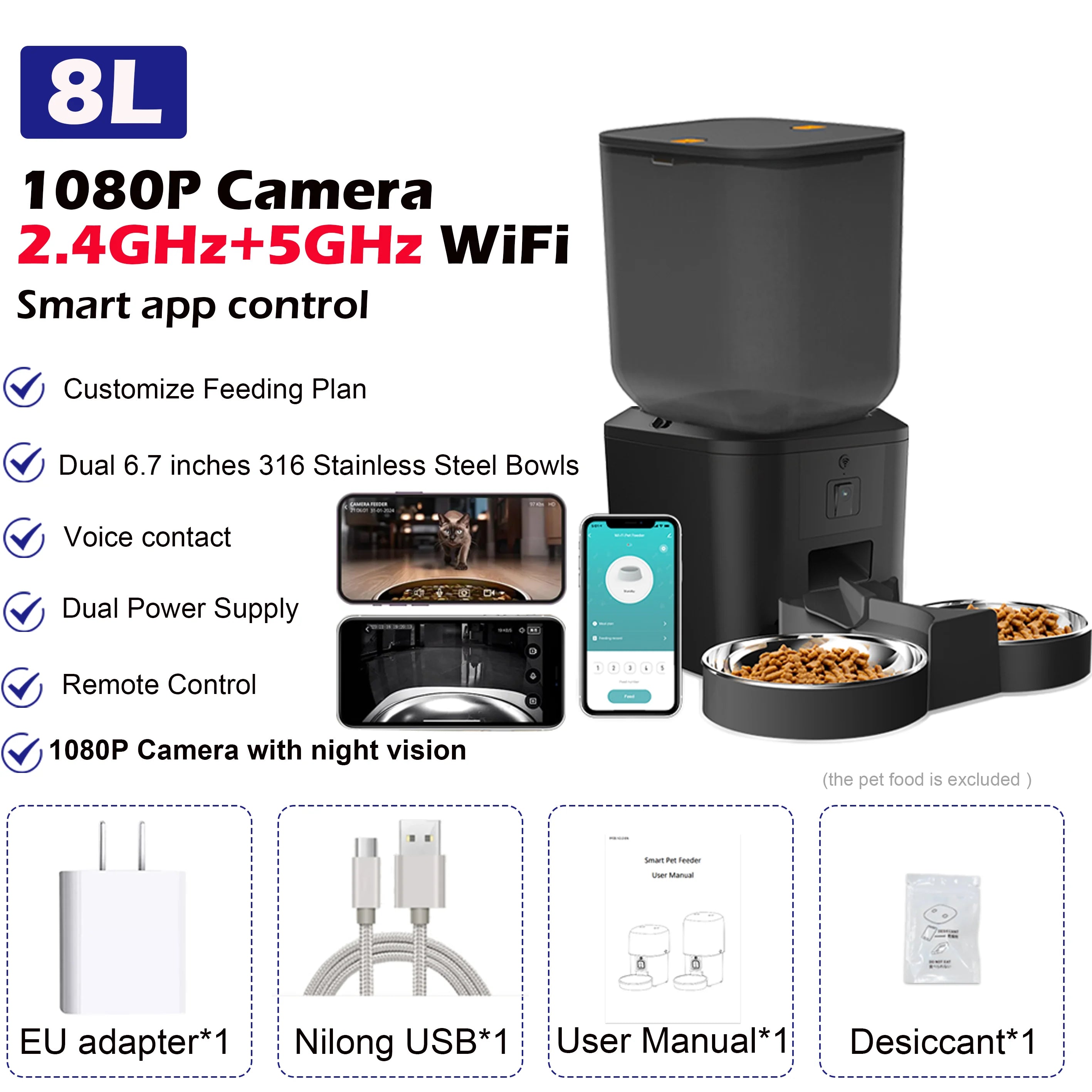 Black pet feeder with 1080P camera, dual WiFi bands, and app control on a white background.