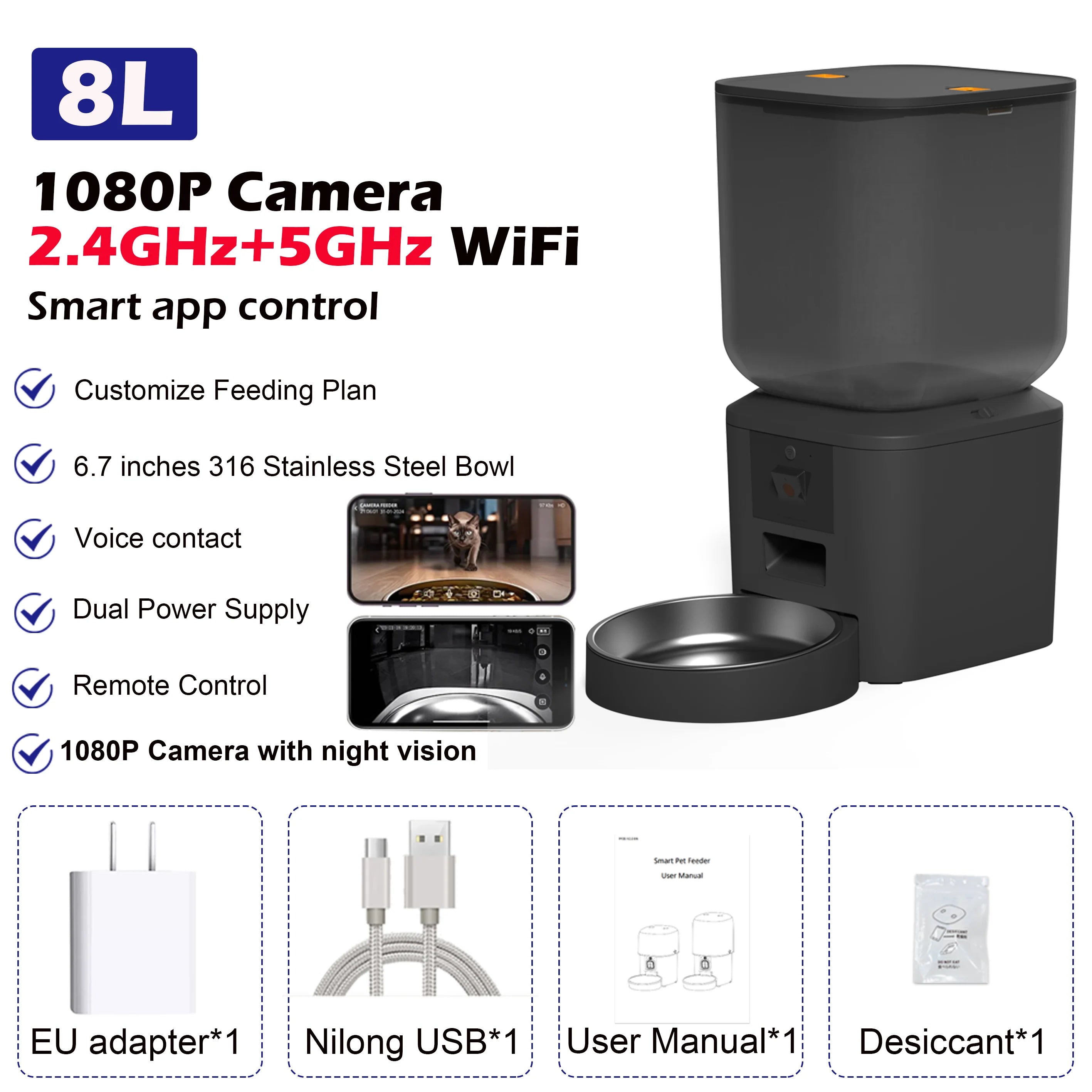 Black pet feeder with 1080P camera, WiFi connectivity, and app control on a white background.