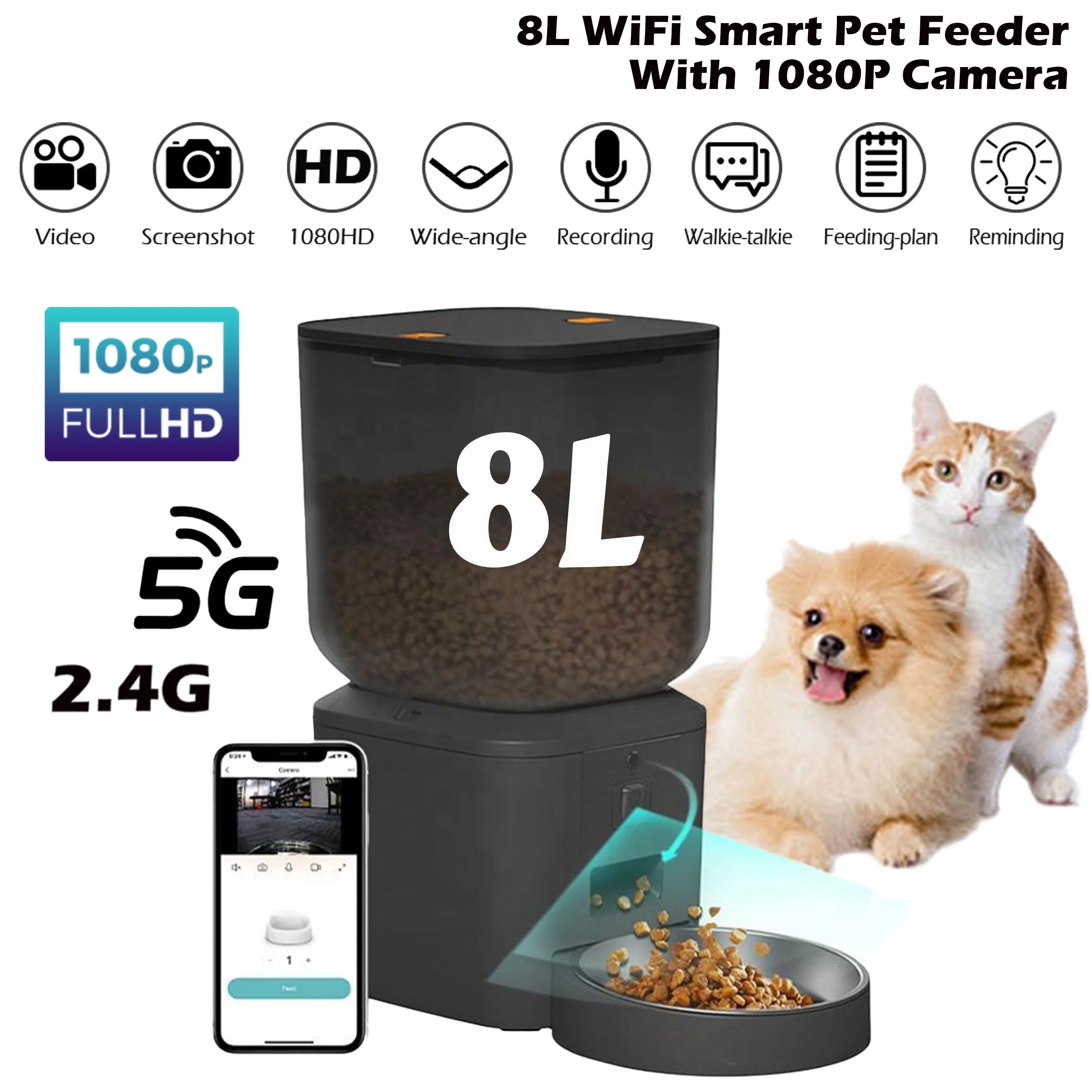 8L WiFi Smart Pet Feeder with 1080P Camera by FURPIPI, featuring a smartphone app and images of pets.