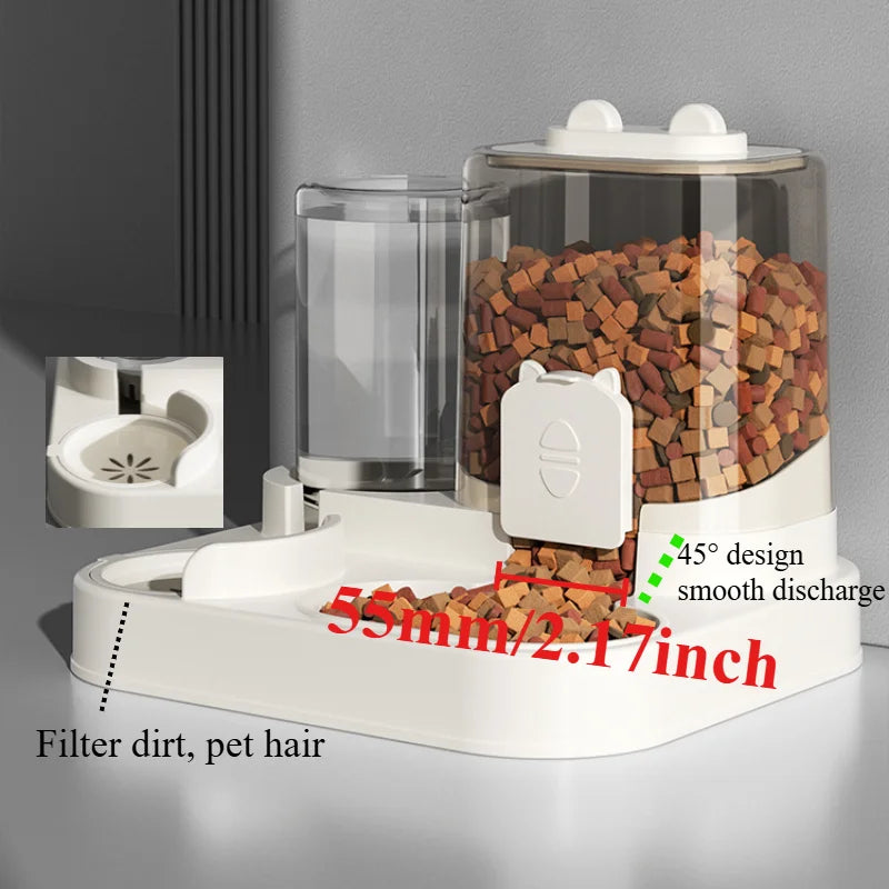 Pet food dispenser with clear container and pet food, on a gray background