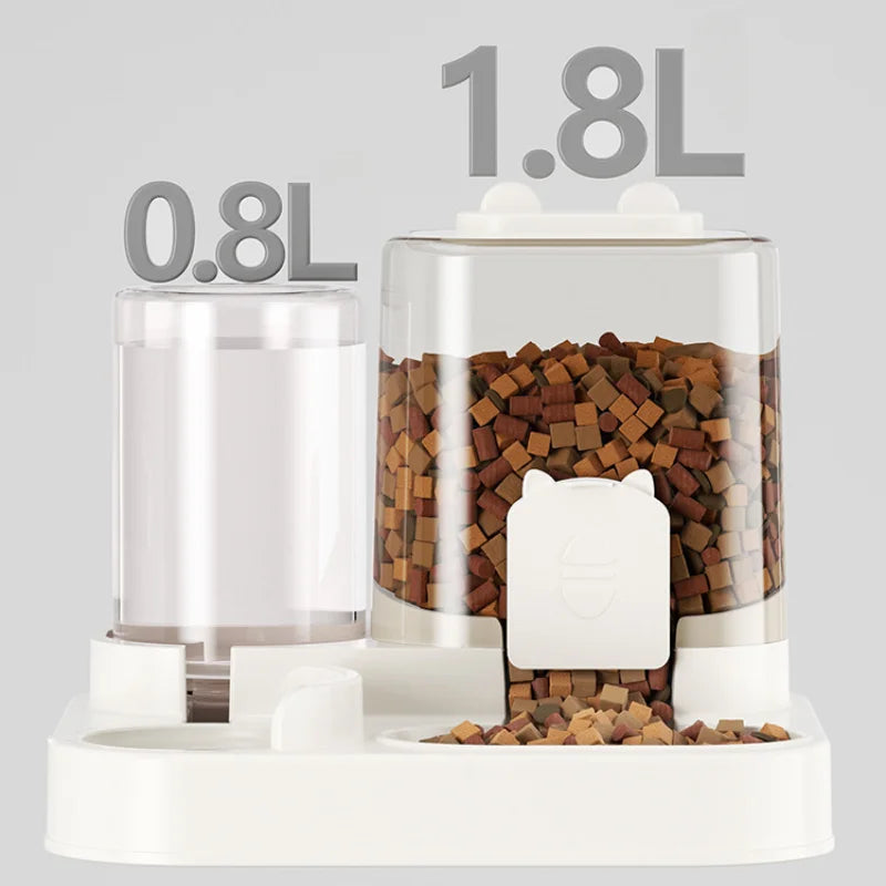 Pet food dispenser with two compartments labeled 0.8L and 1.8L on a light gray background.
