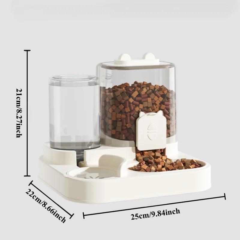 Pet food dispenser with measurements on a white background