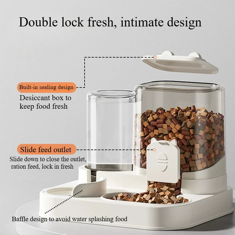 Pet food dispenser with features highlighted on a gray background