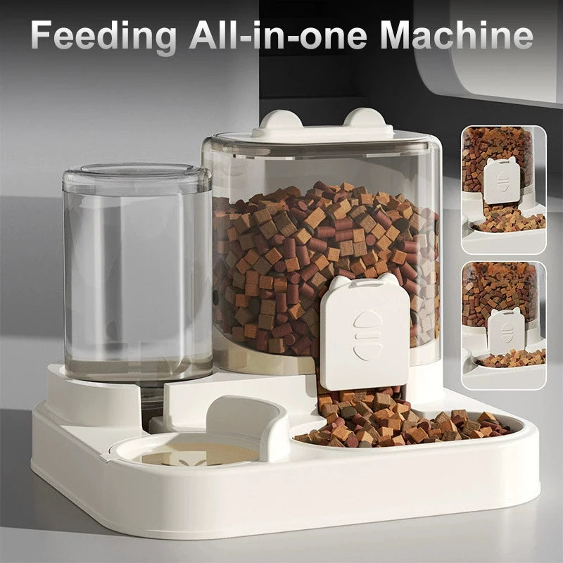 All-in-one pet feeding machine with food compartments on a gray background
