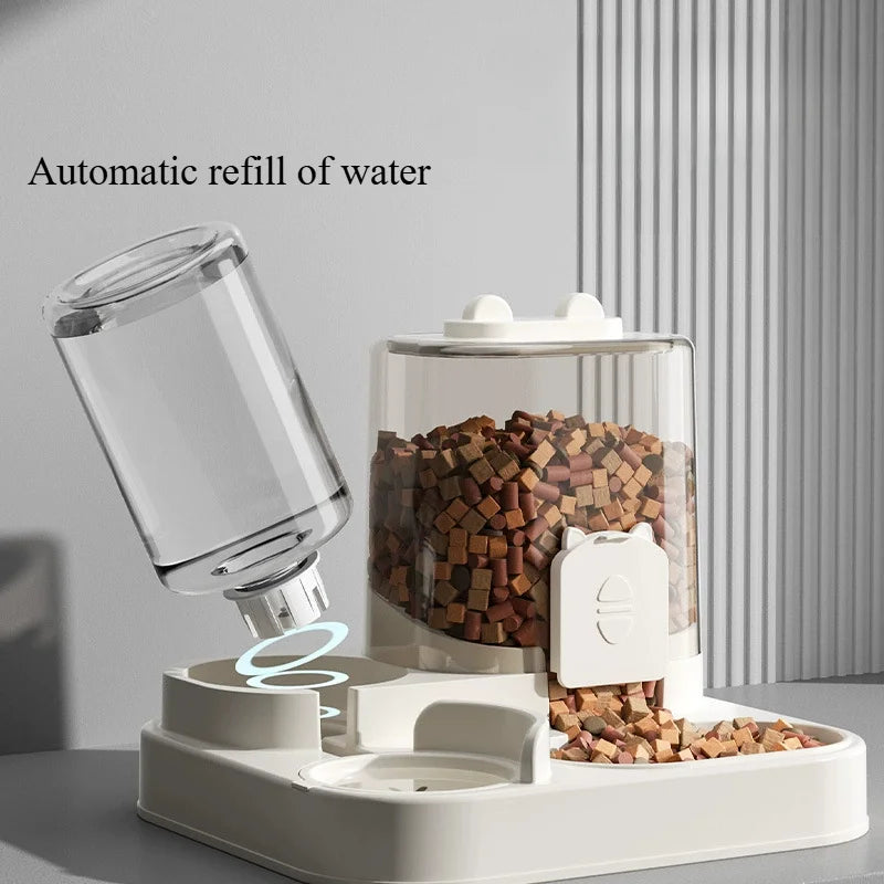 Pet feeder and water dispenser on a gray surface with a light gray background