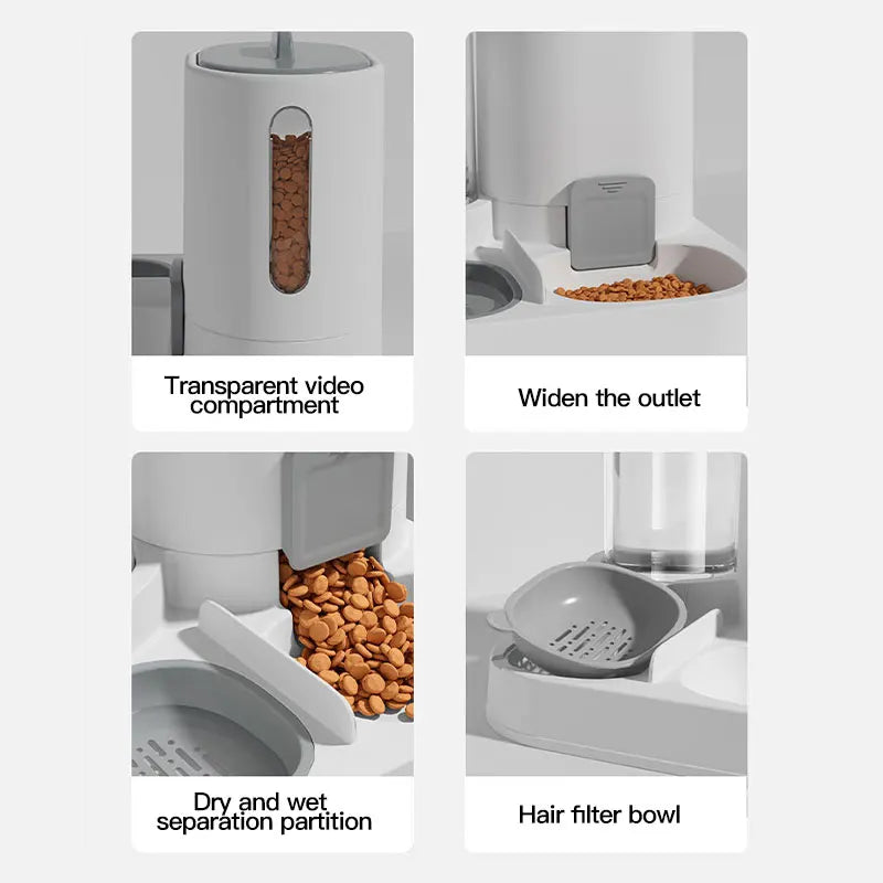 Collage of features of a pet feeding and water system with text labels.