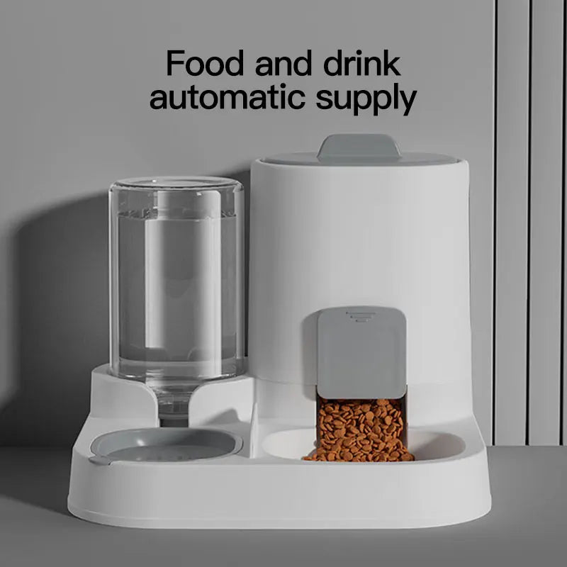 Pet feeder with water dispenser on a gray background