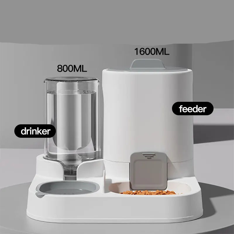 Pet feeder and drinker with labeled capacities on a gray background