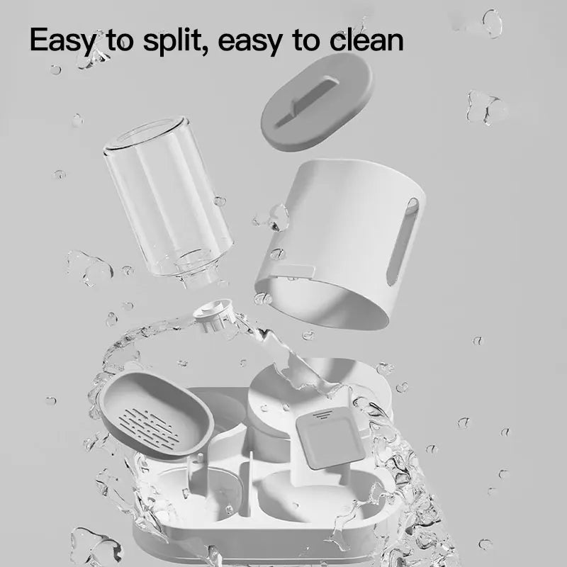 Product components with water splashes and text 'Easy to split, easy to clean' on a gray background