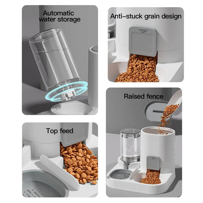 Collage of features of a pet feeder including automatic water storage, anti-stuck grain design, and top feed.