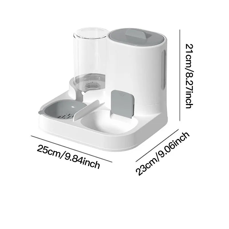 White pet feeder with dimensions on a white background