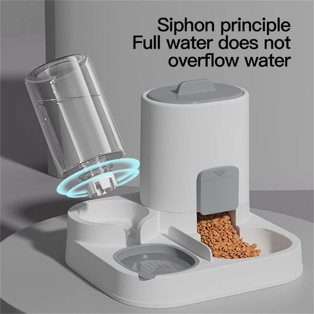 Pet feeder with water dispenser and text explaining the siphon principle