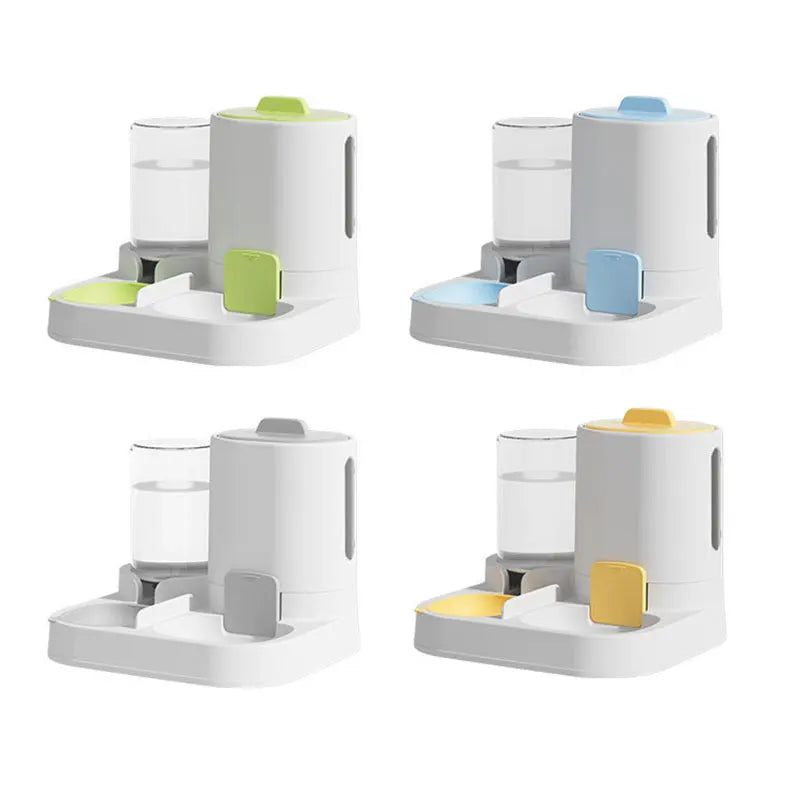 Set of pet feeding stations with colorful top sections on a white background
